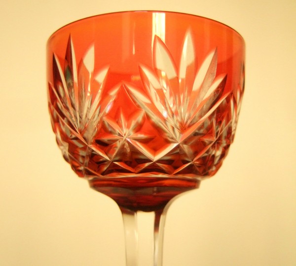 8 crystal liquor glasses, rare Massenet orange overlay pattern