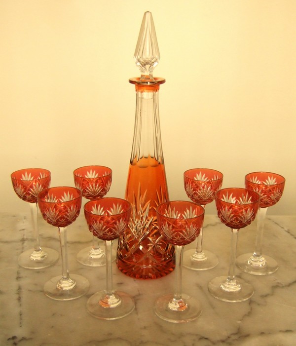 8 crystal liquor glasses, rare Massenet orange overlay pattern