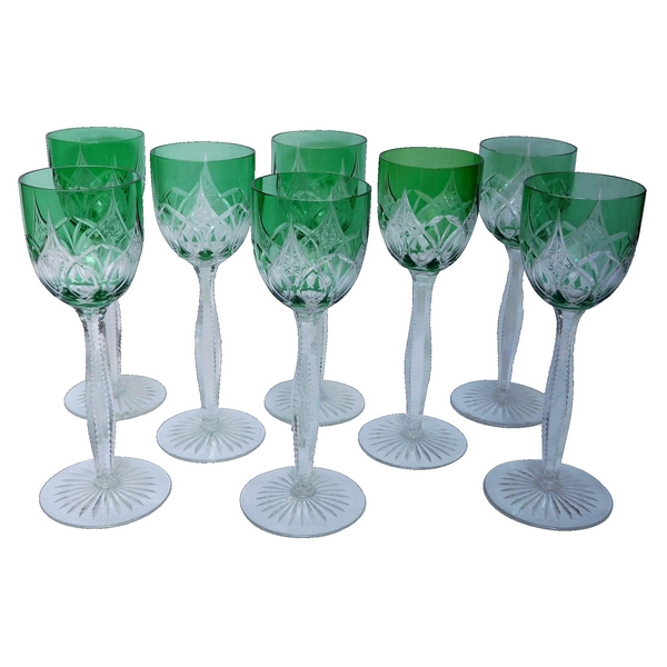 8 rares verres à vin du Rhin en cristal de Baccarat overlay vert
