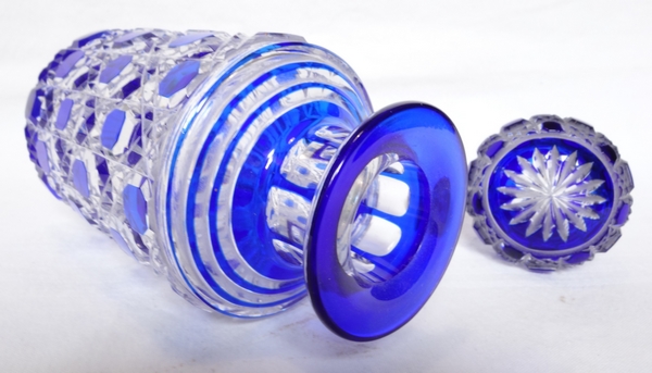 Tall Baccarat overlay crystal perfume bottle, Diamants Pierreries pattern, blue overlay crystal - 19.5cm