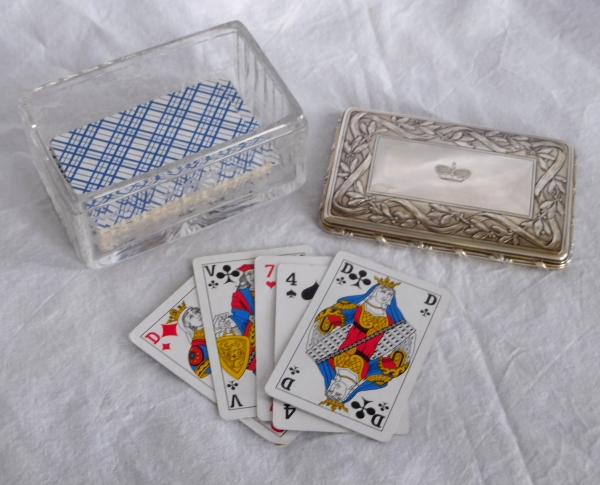 Boîte à cartes en cristal de Baccarat gravé et argent massif, couronne de Prince - poinçon Minerve