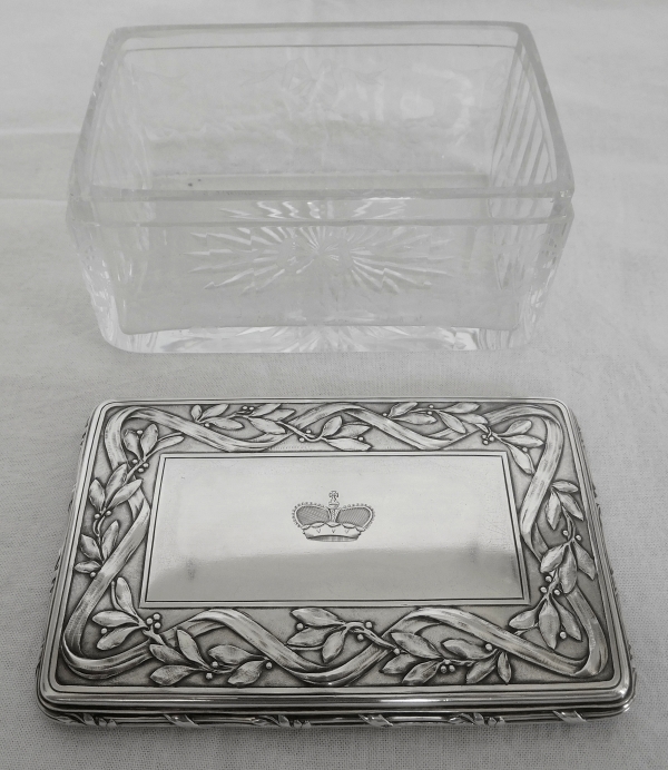 Baccarat crystal and sterling silver box, crown of Prince engraved