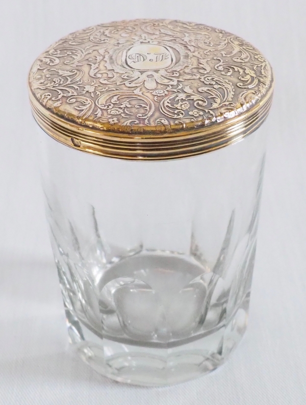 Tall crystal and vermeil (sterling silver) box, LG monogram, mid 19th century