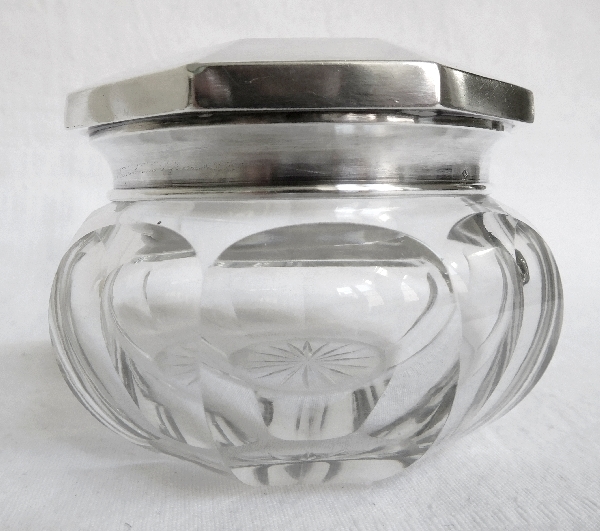 Baccarat crystal powder box, Malmaison pattern, sterling silver lid