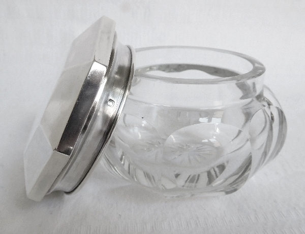 Baccarat crystal powder box, Malmaison pattern, sterling silver lid