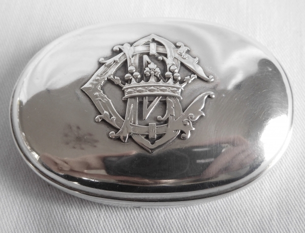 Boîte ovale en cristal de Baccarat & argent massif, monogramme CB, couronne de Marquis - poinçon Minerve