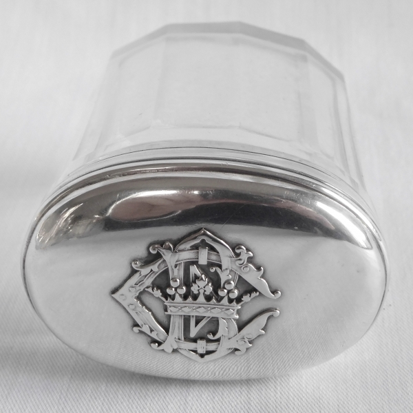 Boîte ovale en cristal de Baccarat & argent massif, monogramme CB, couronne de Marquis - poinçon Minerve