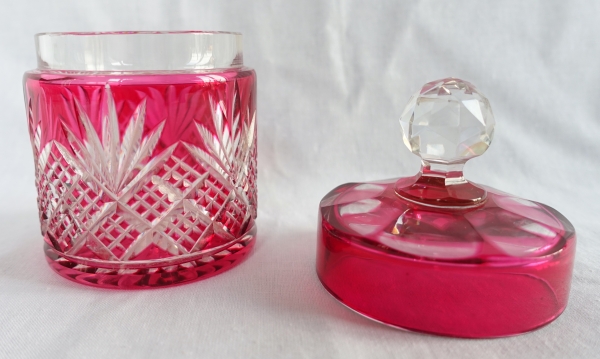 Antique French Baccarat crystal powder box, red crystal, Douai pattern - original paper sticker 