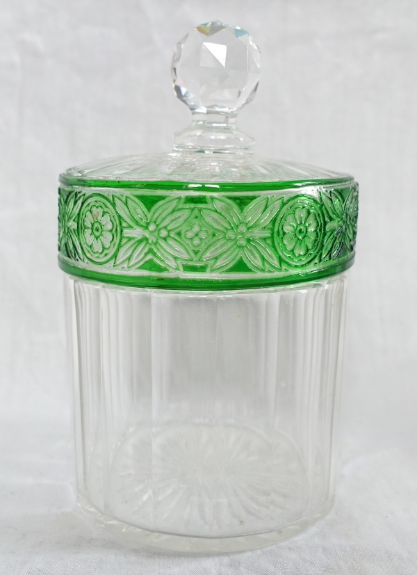 Baccarat crystal sugar pot / powder box, Empire pattern, green overlay crystal