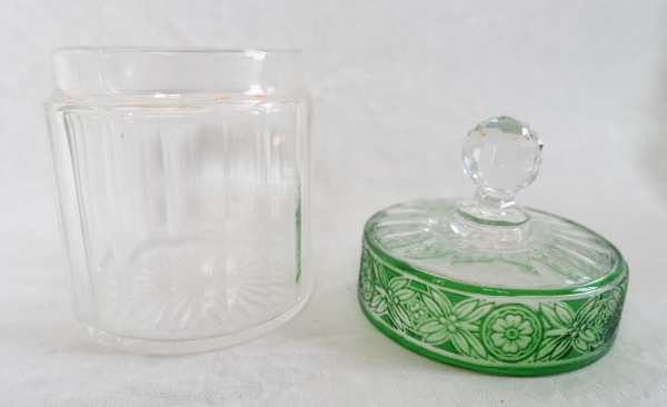 Baccarat crystal sugar pot / powder box, Empire pattern, green overlay crystal