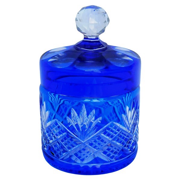 Antique French Baccarat crystal powder box, cobalt blue crystal, Douai pattern