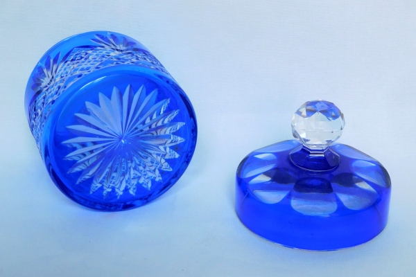 Antique French Baccarat crystal powder box, cobalt blue crystal, Douai pattern