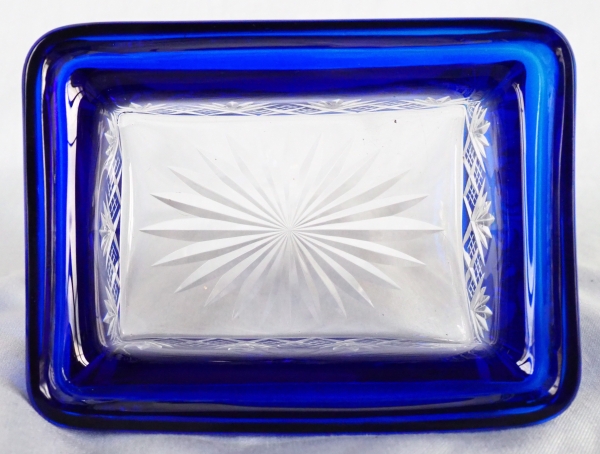 Antique French Baccarat crystal soap box, Douai pattern, blue cobalt overlay crystal