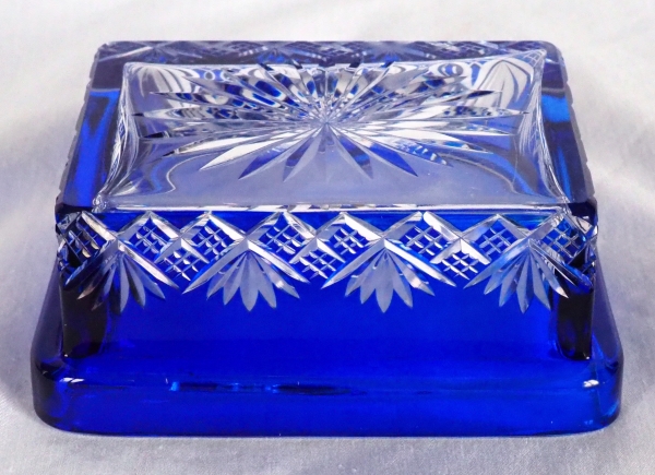 Antique French Baccarat crystal soap box, Douai pattern, blue cobalt overlay crystal