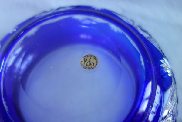 Bonbonnière en cristal de Baccarat taillé overlay bleu - étiquette papier