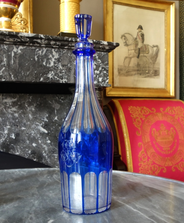 Baccarat crystal bottle, blue overlay crystal - RV monogramme