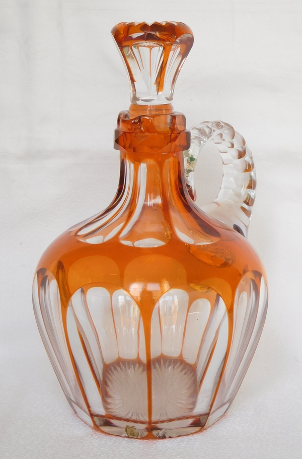 St Louis crystal whisky decanter - rare orange overlay bottle with paper sticker