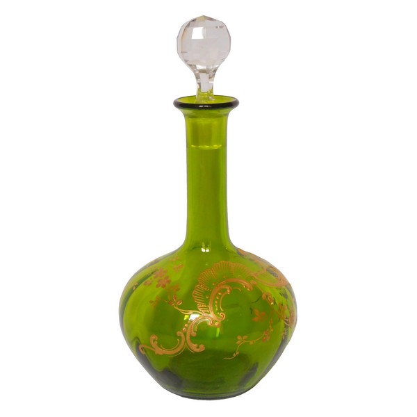 Tall Baccarat crystal wine decanter, Louis XV pattern, green crystal enhanced with fine gold