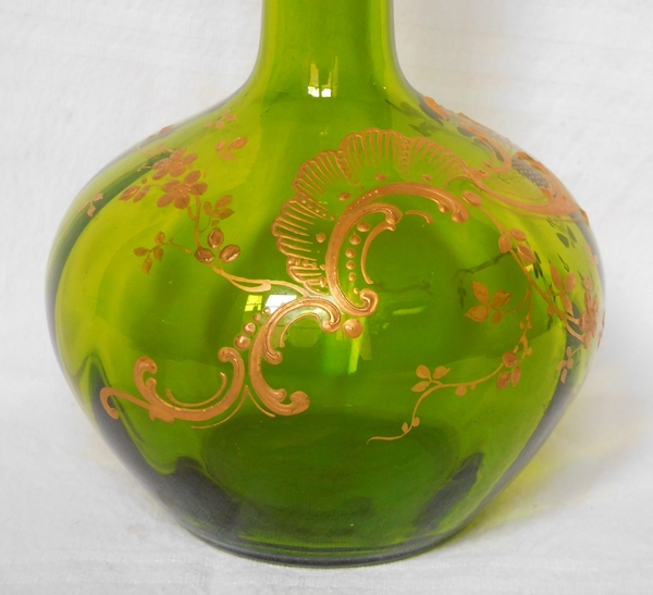 Tall Baccarat crystal wine decanter, Louis XV pattern, green crystal enhanced with fine gold