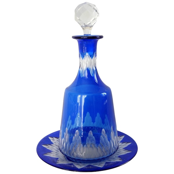 Baccarat crystal bottle and its saucer - cobalt blue overlay, Champigny pattern