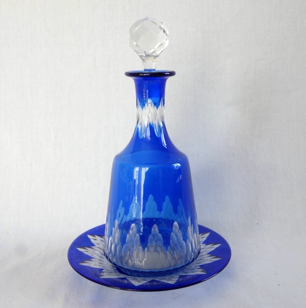 Baccarat crystal bottle and its saucer - cobalt blue overlay, Champigny pattern