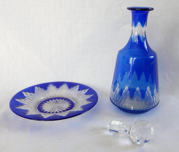 Baccarat crystal bottle and its saucer - cobalt blue overlay, Champigny pattern