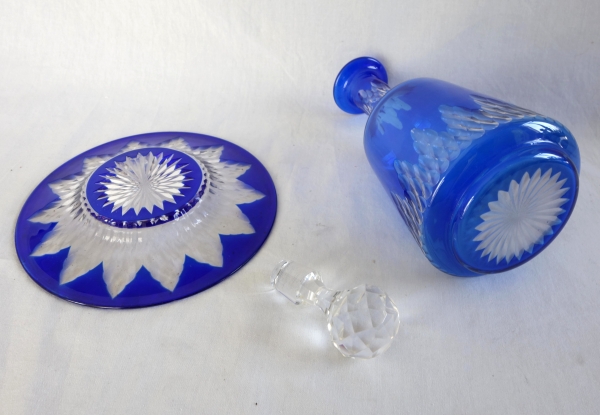 Baccarat crystal bottle and its saucer - cobalt blue overlay, Champigny pattern