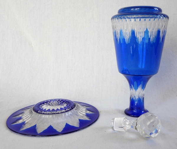 Baccarat crystal bottle and its saucer - cobalt blue overlay, Champigny pattern