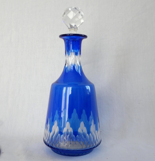 Baccarat crystal bottle and its saucer - cobalt blue overlay, Champigny pattern