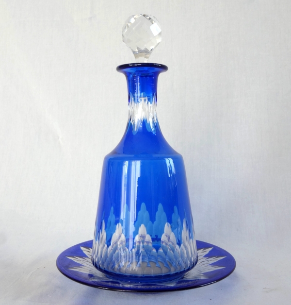 Baccarat crystal bottle and its saucer - cobalt blue overlay, Champigny pattern