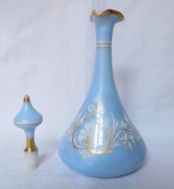 Baccarat crystal wine decanter, opaline enanced with blue sky and gilt decoration