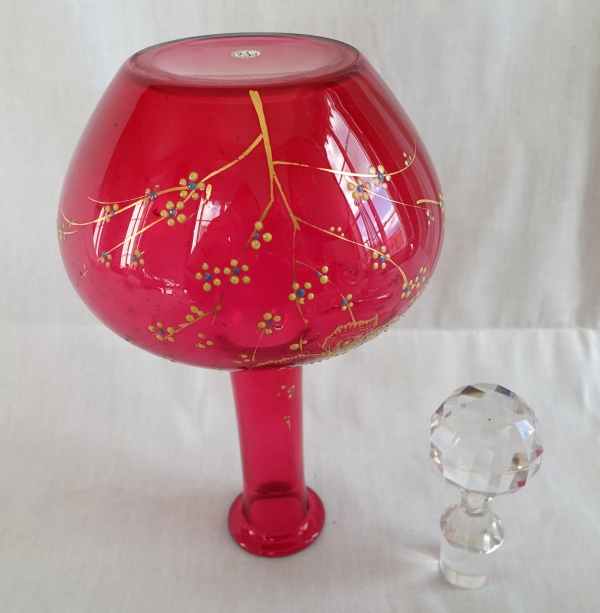 Baccarat crystal wine decanter, rare red enamelled and gilt crystal, Japanese style - paper sticker