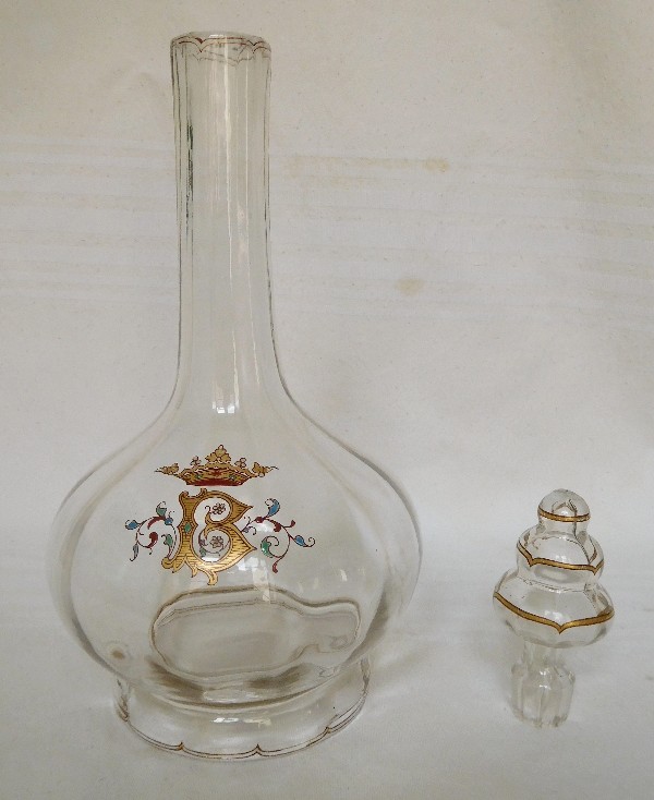 Carafe à vin en verre émaillé par Emile Gallé, couronne de marquis, monogramme B