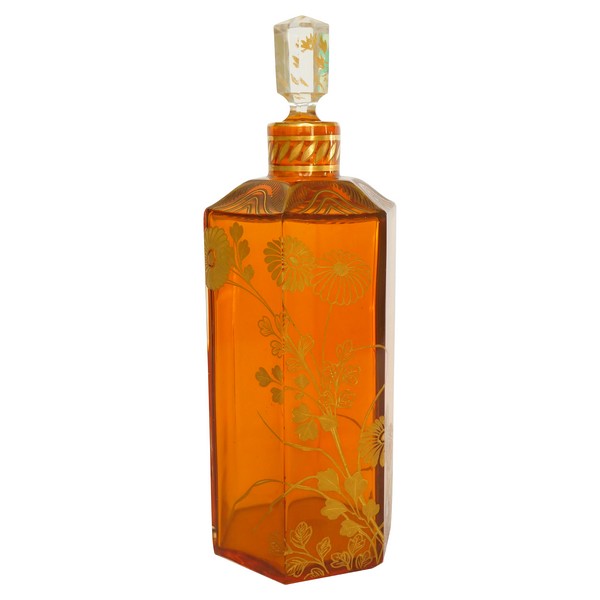 Baccarat crystal liquor decanter, rare orange crystal enhanced with fine gold - original sticker