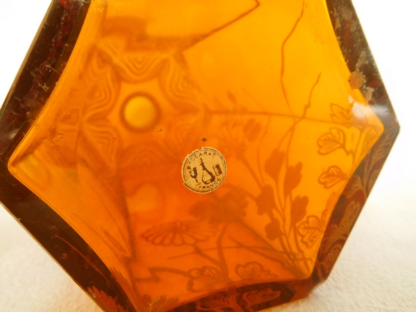 Baccarat crystal liquor decanter, rare orange crystal enhanced with fine gold - original sticker