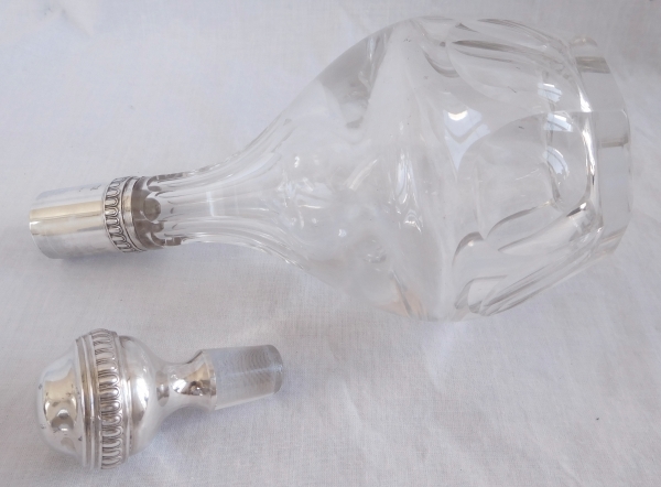 Baccarat crystal liquor bottle, Malmaison / Compiegne pattern, sterling silver frame