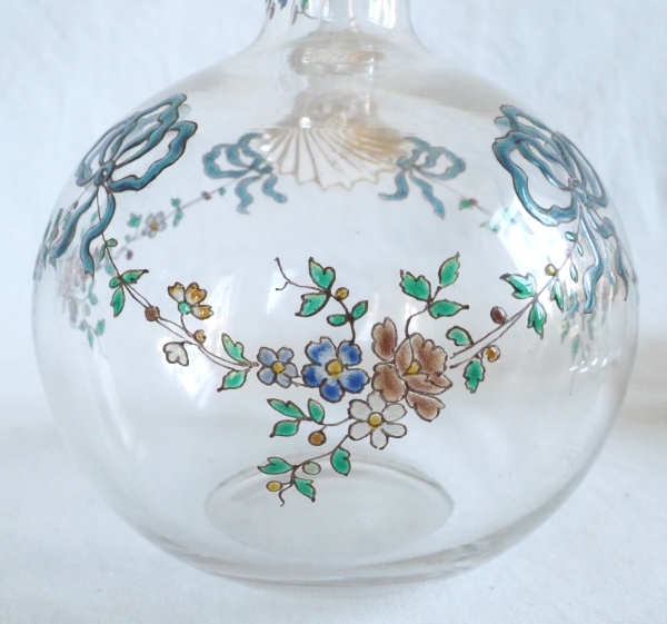 Baccarat crystal liquor bottle, Louis XVI enamelled pattern and fine gold