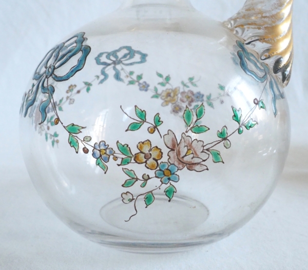 Baccarat crystal liquor bottle, Louis XVI enamelled pattern and fine gold
