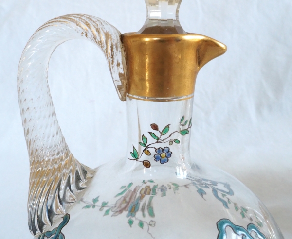 Baccarat crystal liquor bottle, Louis XVI enamelled pattern and fine gold