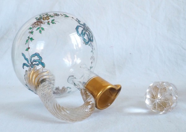 Baccarat crystal liquor bottle, Louis XVI enamelled pattern and fine gold
