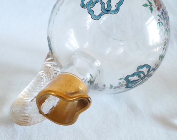 Baccarat crystal liquor bottle, Louis XVI enamelled pattern and fine gold