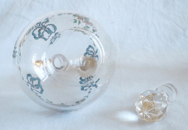 Baccarat crystal liquor bottle, Louis XVI enamelled pattern and fine gold