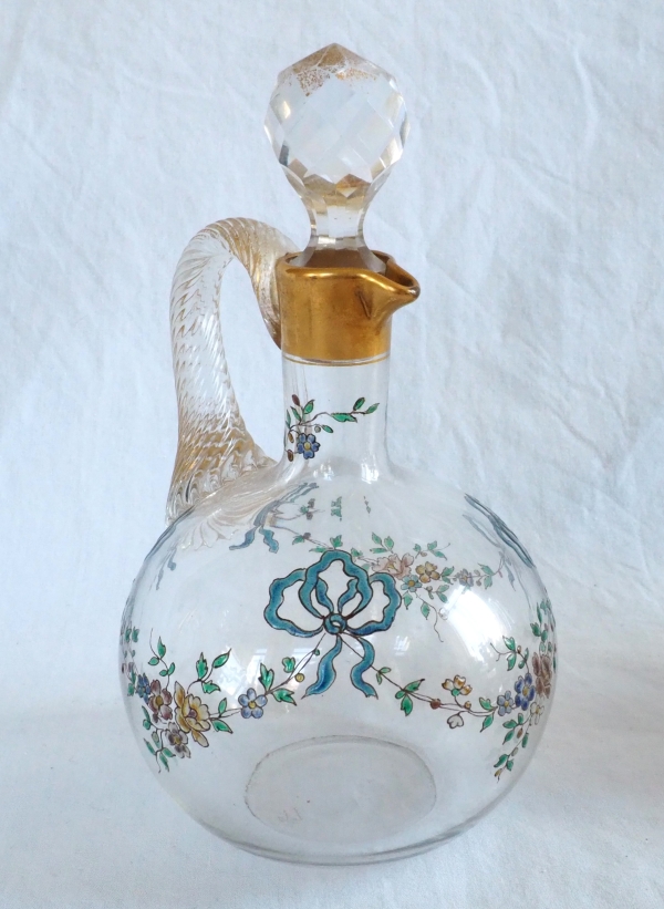 Baccarat crystal liquor bottle, Louis XVI enamelled pattern and fine gold
