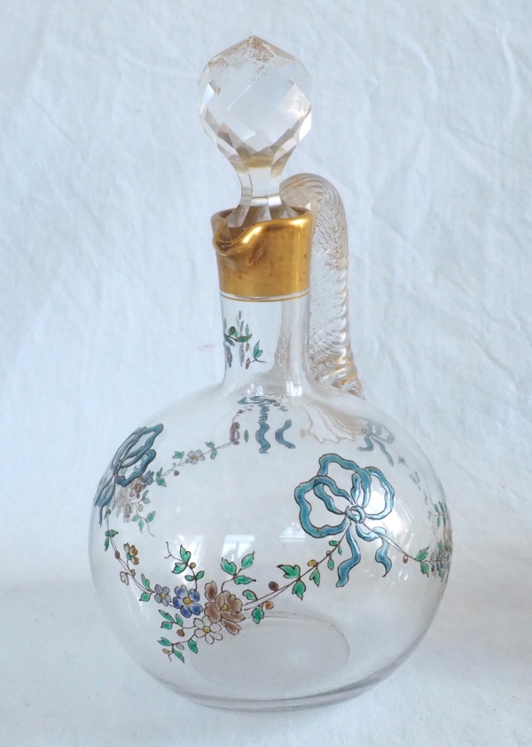 Baccarat crystal liquor bottle, Louis XVI enamelled pattern and fine gold