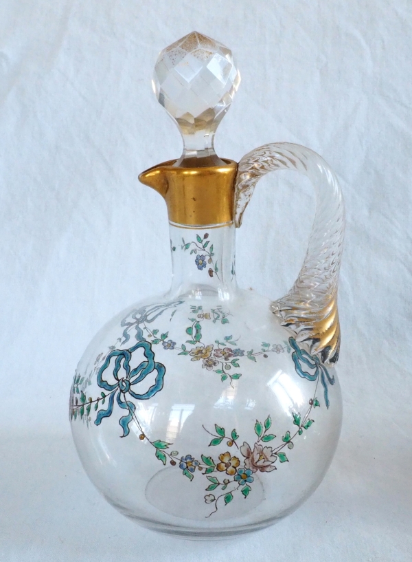Baccarat crystal liquor bottle, Louis XVI enamelled pattern and fine gold