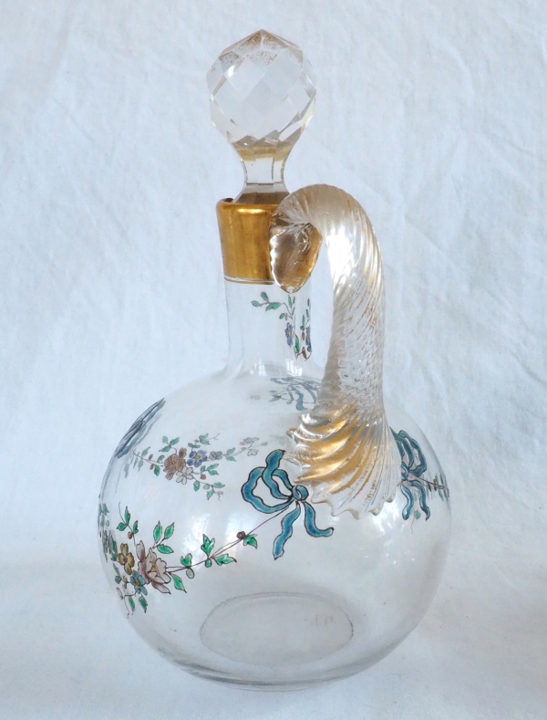 Baccarat crystal liquor bottle, Louis XVI enamelled pattern and fine gold