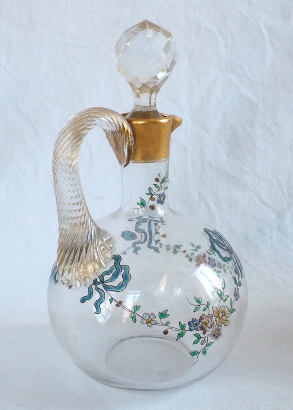 Baccarat crystal liquor bottle, Louis XVI enamelled pattern and fine gold