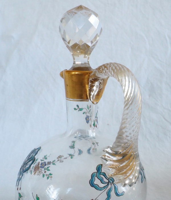 Baccarat crystal liquor bottle, Louis XVI enamelled pattern and fine gold