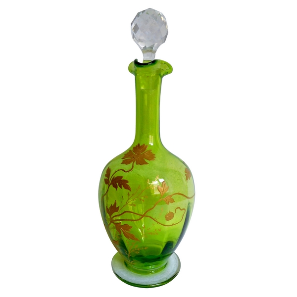 Baccarat crystal liquor decanter, green crystal enhanced with fine gold, Art Nouveau period
