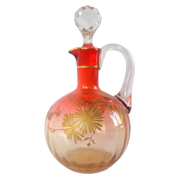 Carafe à liqueur forme boule en cristal de Baccarat orange rehaussée à l'or fin